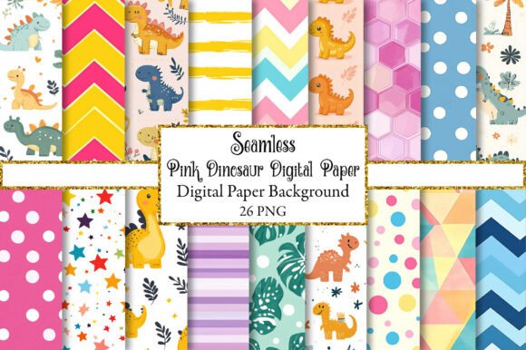 Charming Pink Dinosaur Digital Paper Backgrounds for Your Projects