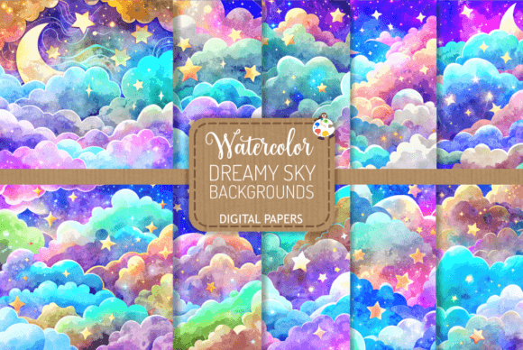 Dreamy Sky Backgrounds Set 3: Watercolor Clouds for Designers