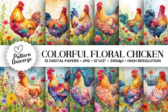 Watercolor Floral Chicken Backgrounds for Creative Projects